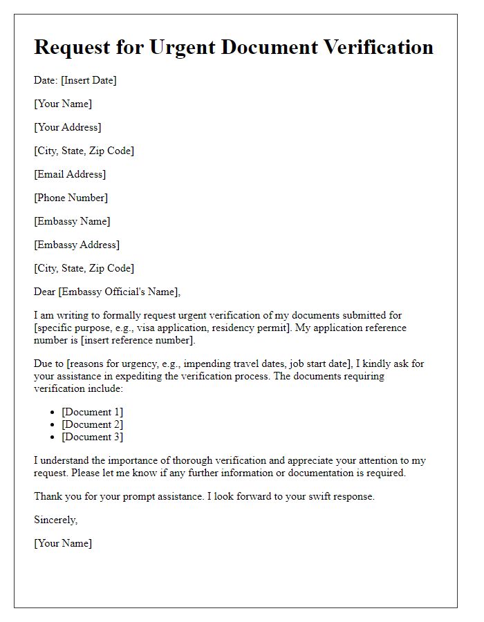 Letter template of Request for Urgent Document Verification at Embassy