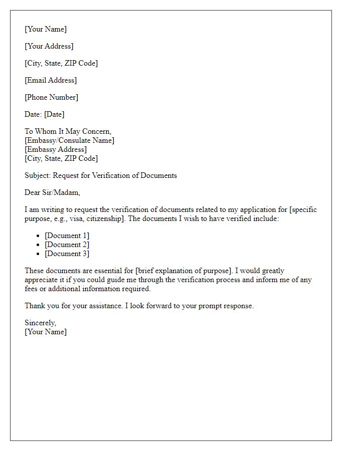 Letter template of Request for Verification of Documents at the Embassy