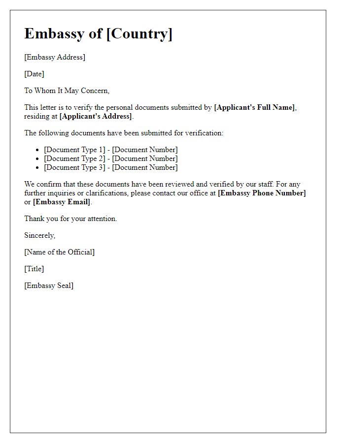 Letter template of Verification of Personal Documents by Embassy