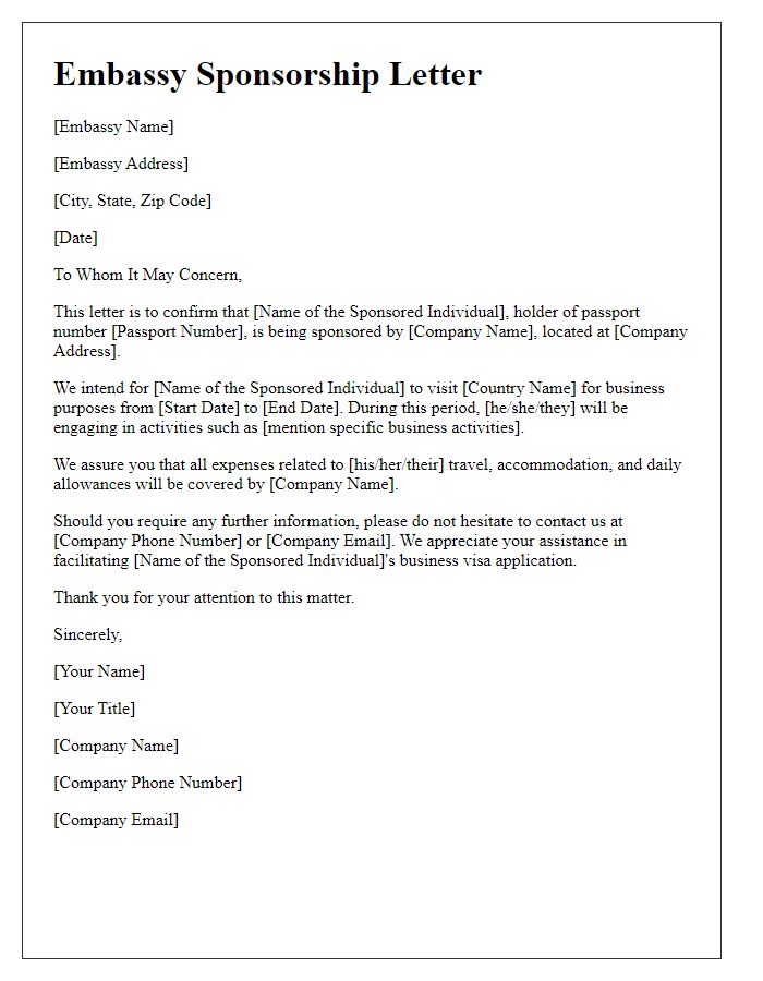 Letter template of embassy sponsorship for business visa.