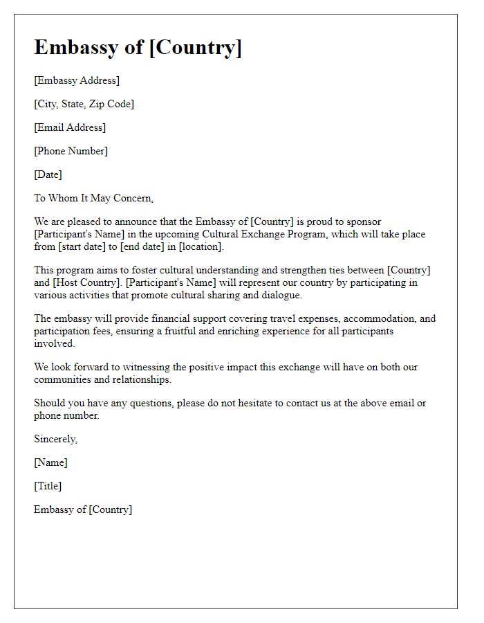 Letter template of embassy sponsorship for cultural exchange program.