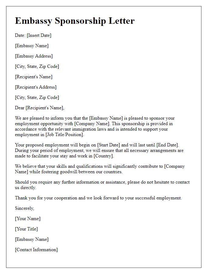 Letter template of embassy sponsorship for employment opportunities.