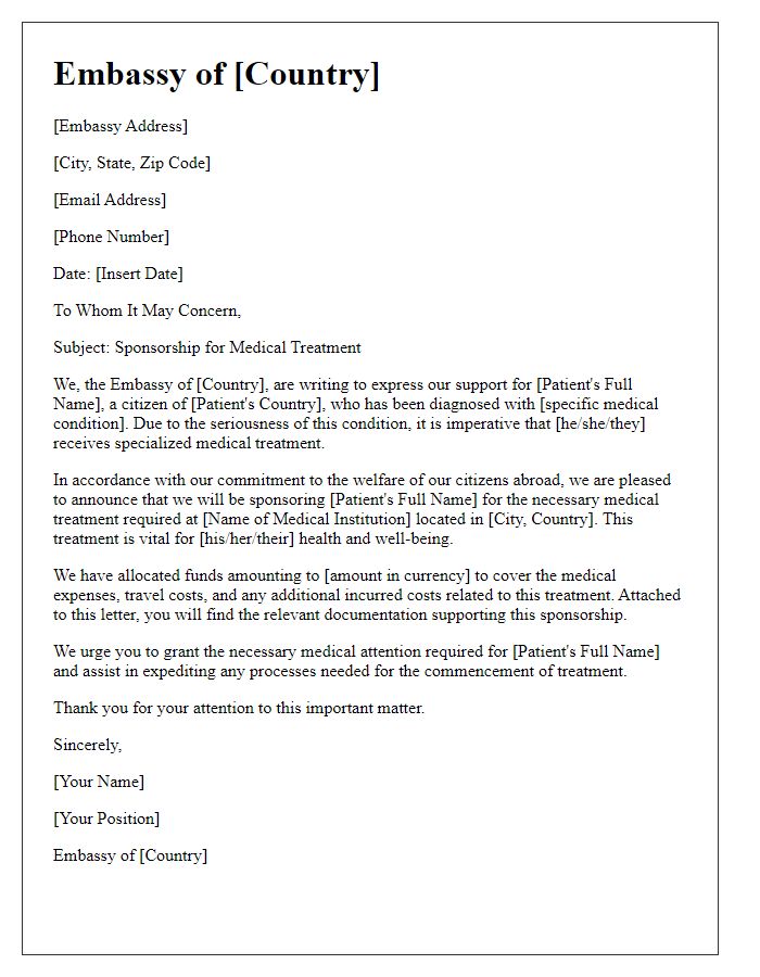 Letter template of embassy sponsorship for medical treatment.