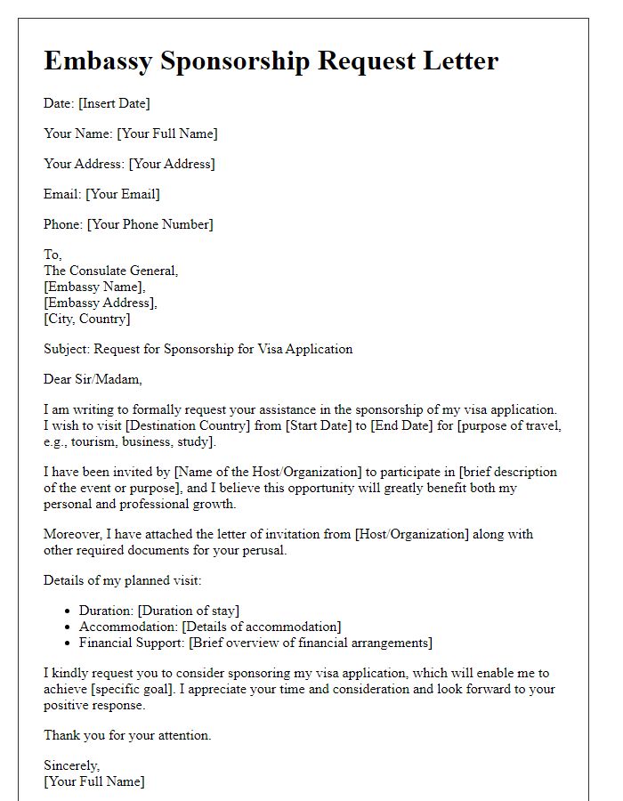 Letter template of embassy sponsorship request for visa application.