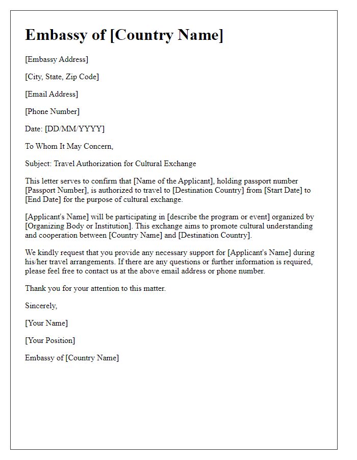 Letter template of embassy travel authorization for cultural exchange