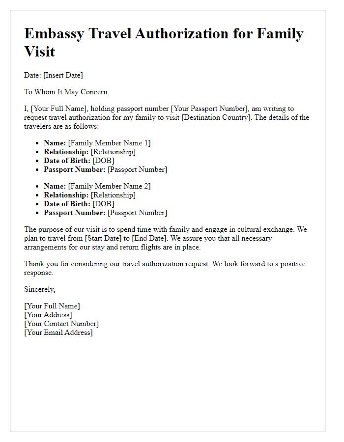 Letter template of embassy travel authorization for family visit