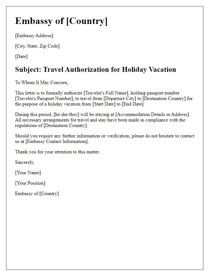 Letter template of embassy travel authorization for holiday vacation