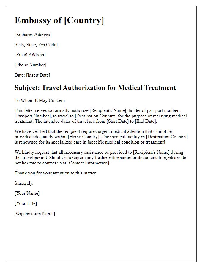 Letter template of embassy travel authorization for medical treatment