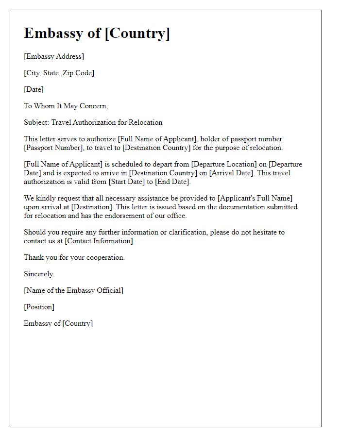 Letter template of embassy travel authorization for relocation purposes