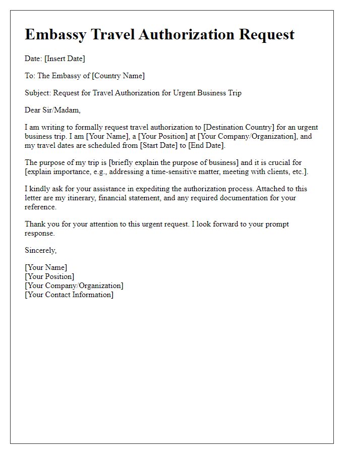 Letter template of embassy travel authorization request for urgent business trip