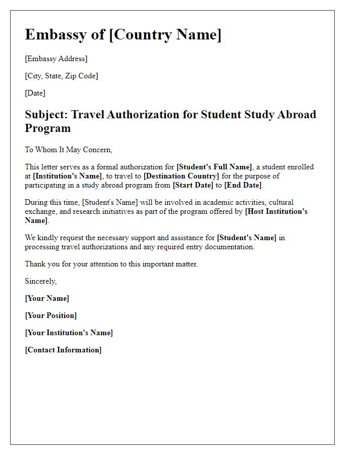 Letter template of embassy travel authorization for student study abroad program