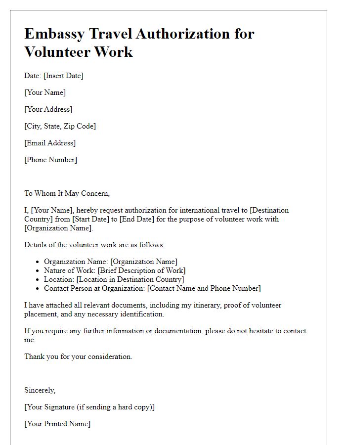 Letter template of embassy travel authorization for volunteer work