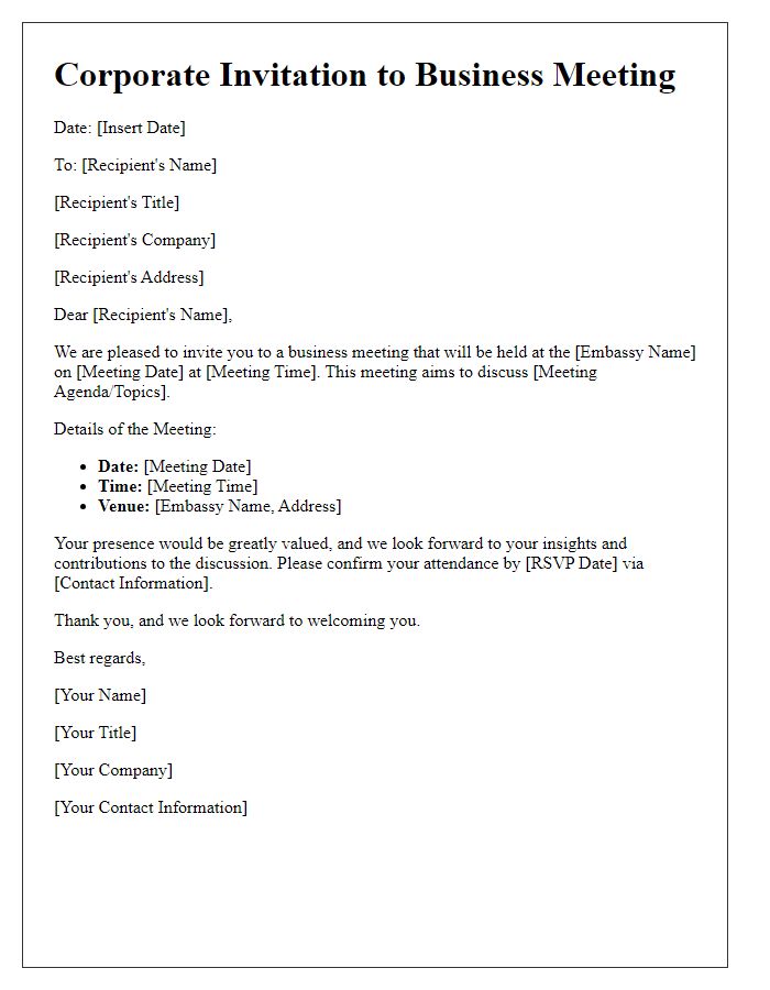 Letter template of corporate invitation for business meeting at the embassy.