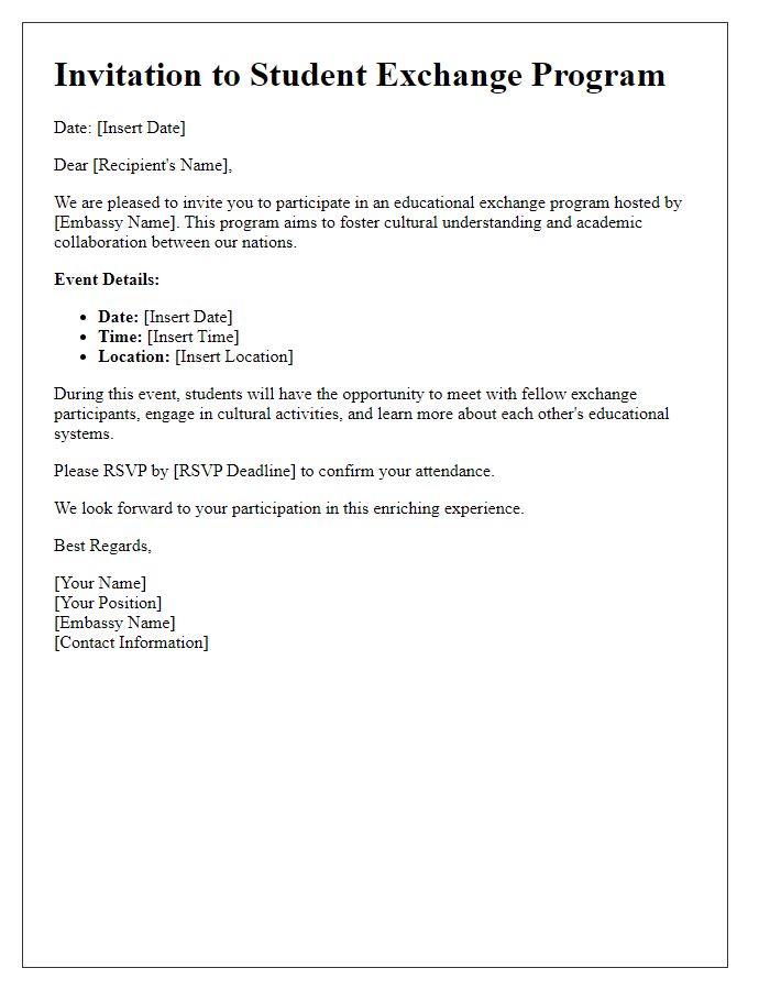 Letter template of educational invitation for student exchange program at the embassy.