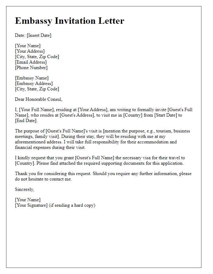 Letter template of formal embassy invitation for visa application.