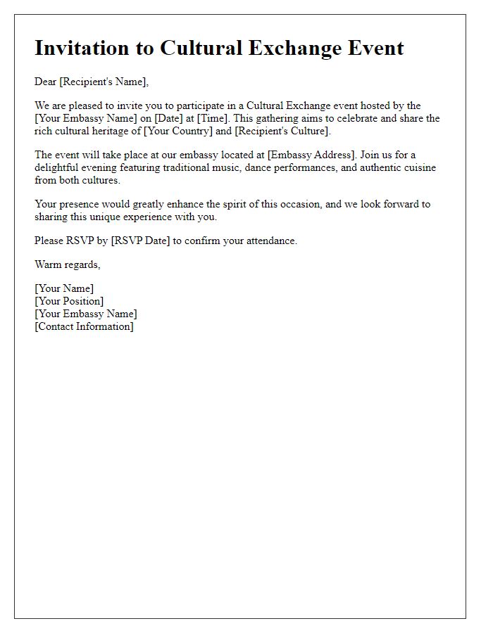 Letter template of personal invitation for cultural exchange at the embassy.