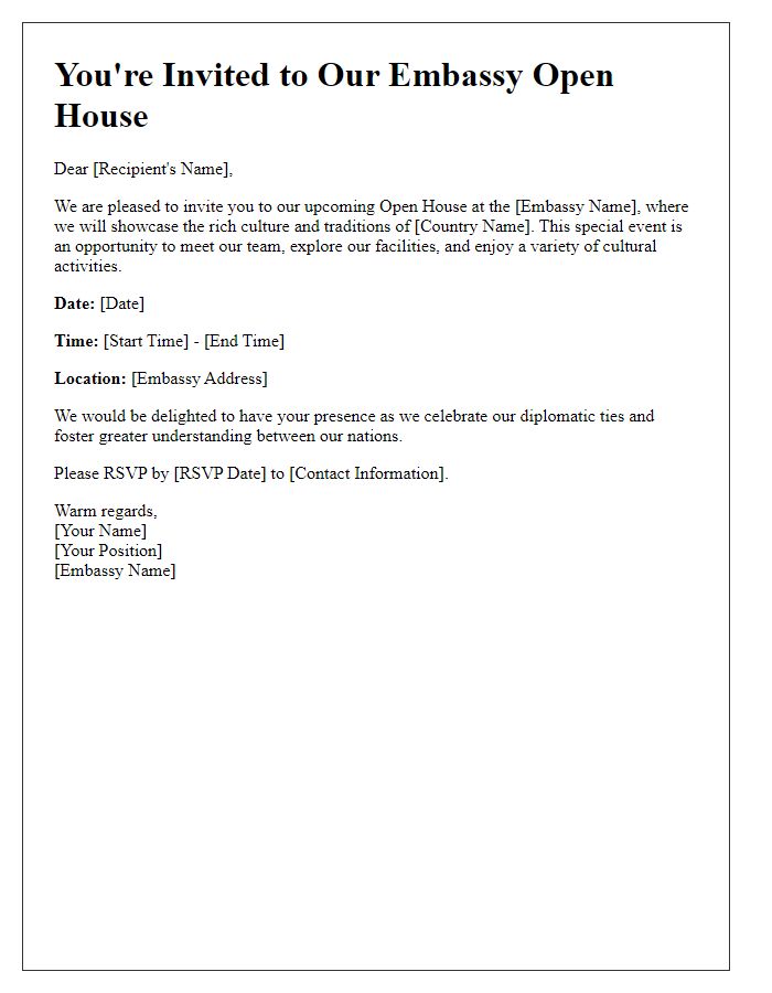 Letter template of special event invitation for embassy open house.