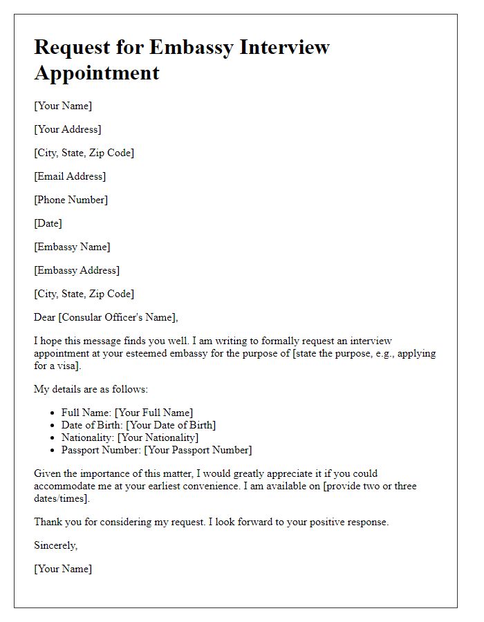 Letter template of request for embassy interview appointment