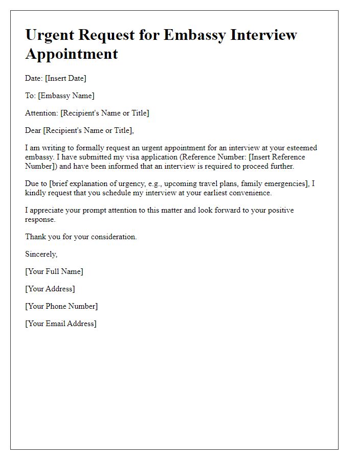 Letter template of urgent embassy interview appointment request