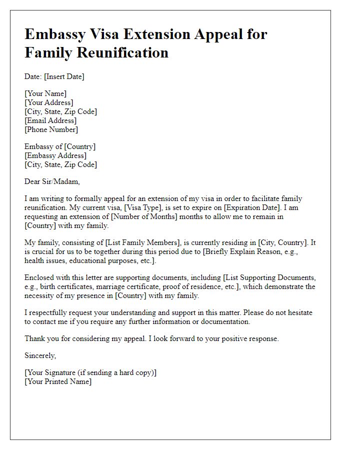 Letter template of embassy visa extension appeal for family reunification