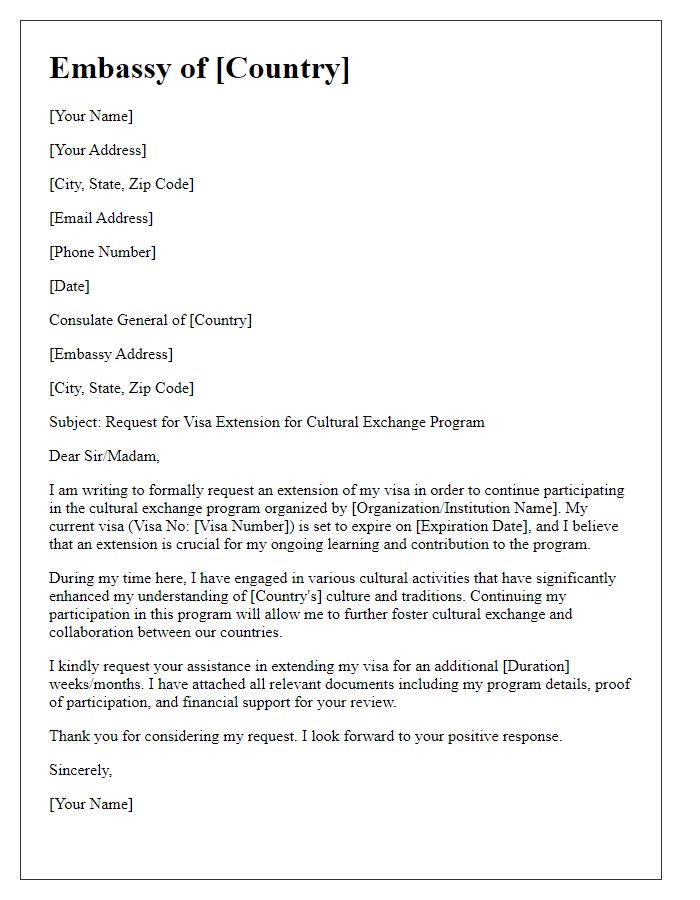 Letter template of embassy visa extension for cultural exchange programs