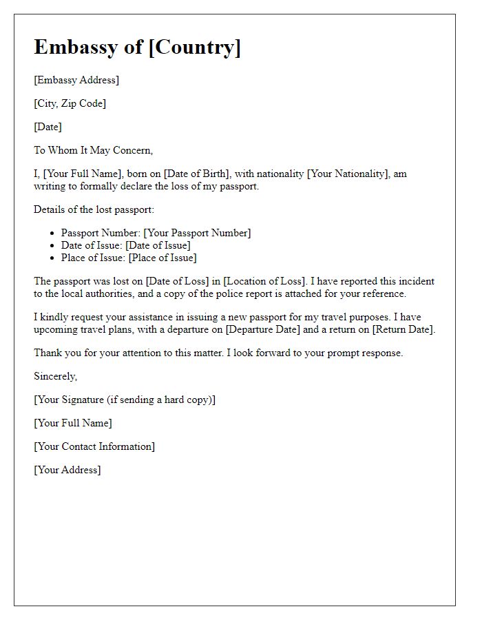 Letter template of embassy lost passport declaration for travel purpose.