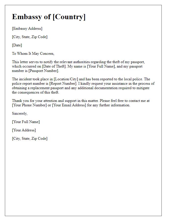 Letter template of embassy notification regarding passport theft.