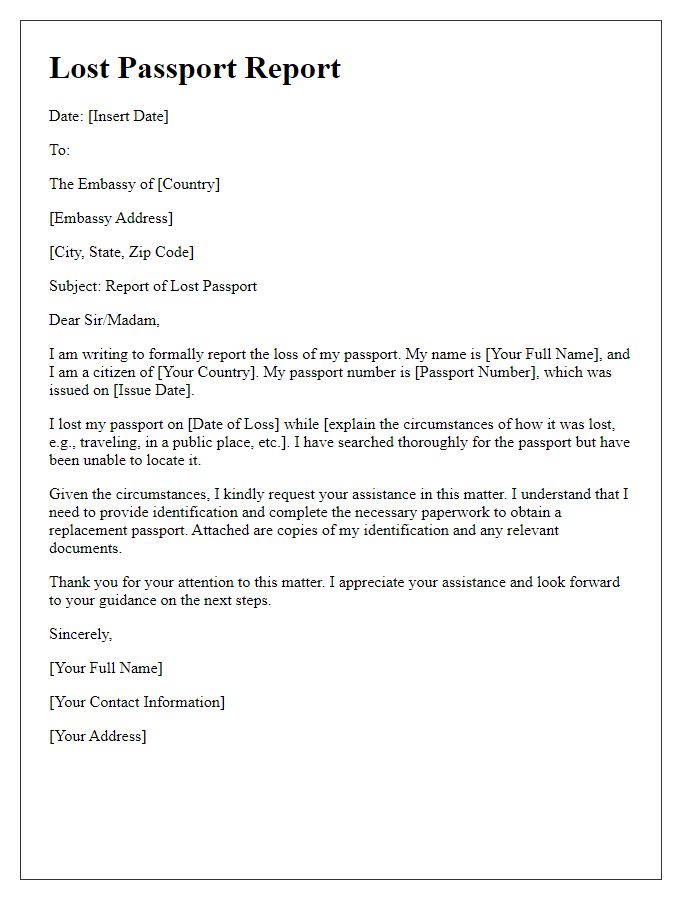 Letter template of lost passport report for embassy assistance.