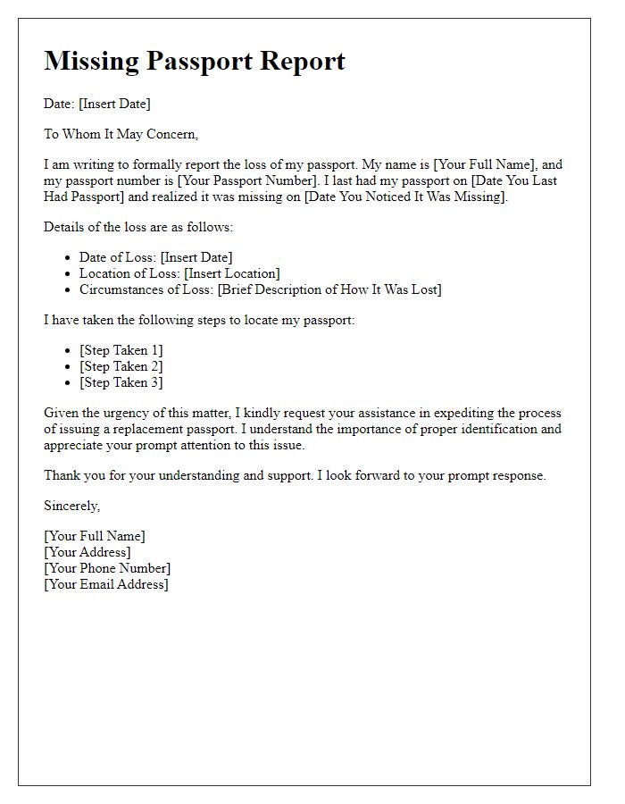 Letter template of missing passport report for embassy intervention.