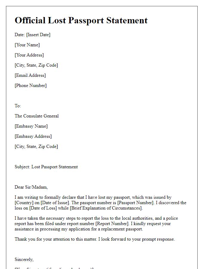 Letter template of official lost passport statement for embassy.