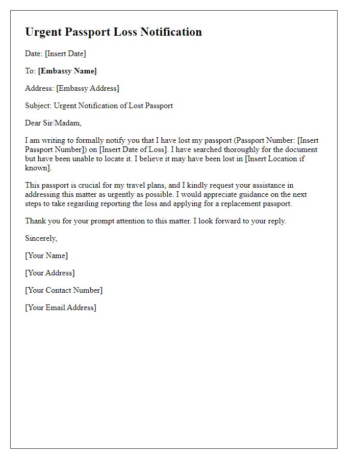 Letter template of urgent passport loss notification to embassy.