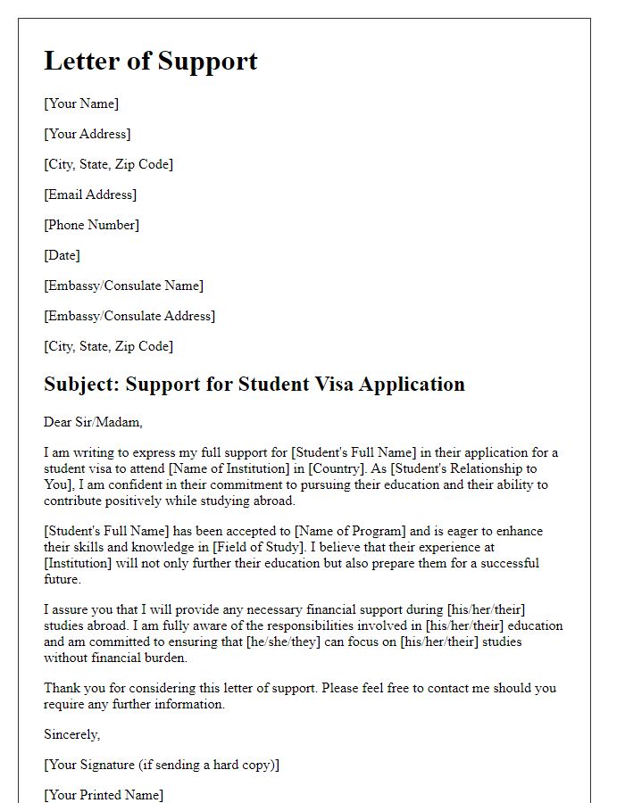 Letter template of support document for student visa embassy application