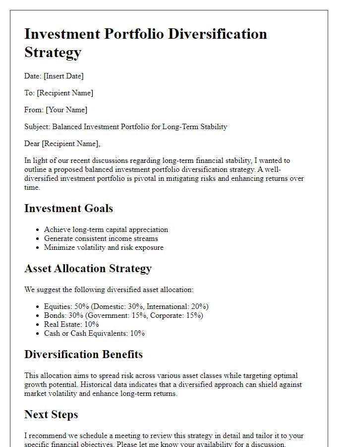 Letter template of balanced investment portfolio diversification for long-term stability