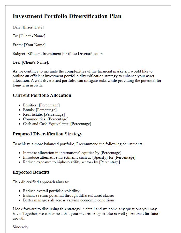 Letter template of efficient investment portfolio diversification for asset allocation