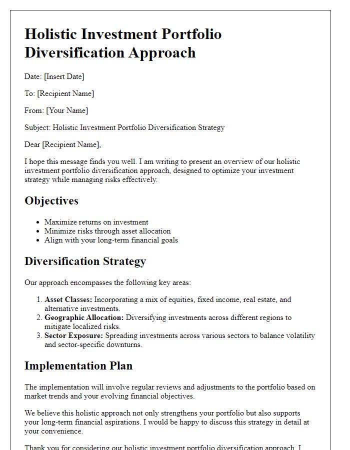 Letter template of holistic investment portfolio diversification approach