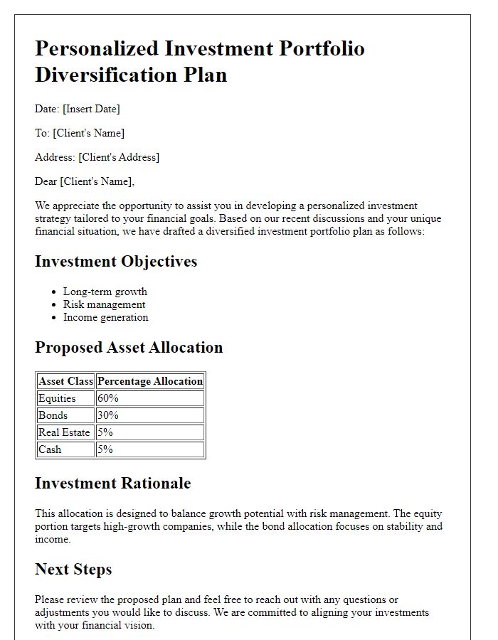 Letter template of personalized investment portfolio diversification plan