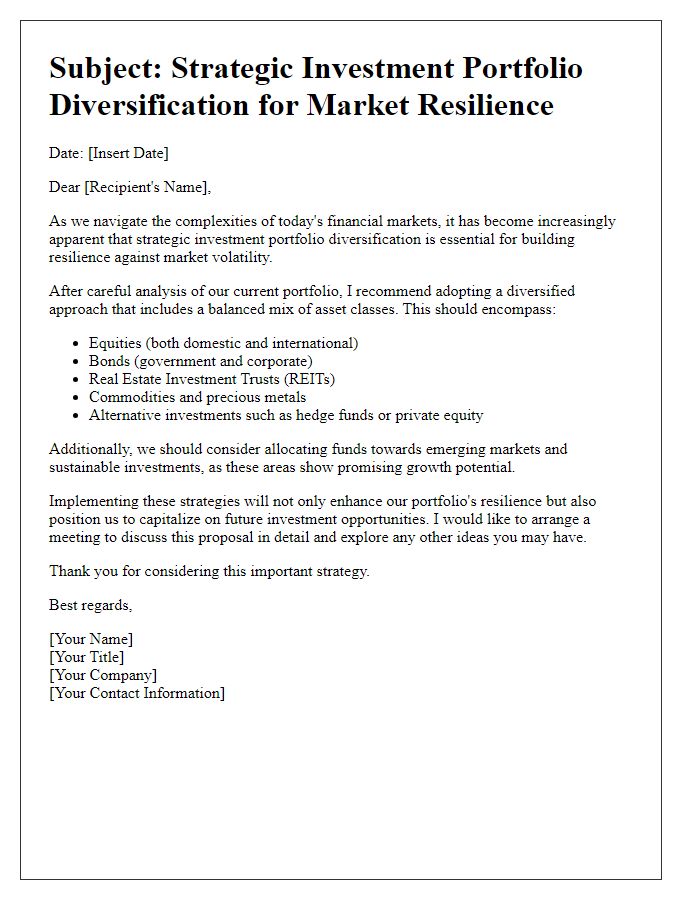 Letter template of strategic investment portfolio diversification for market resilience