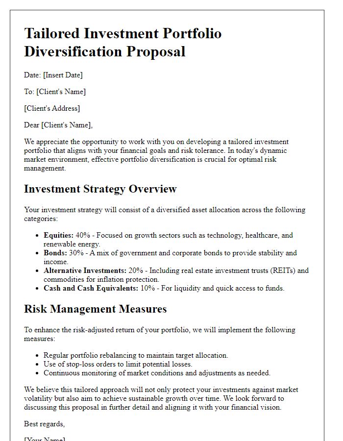 Letter template of tailored investment portfolio diversification for risk management