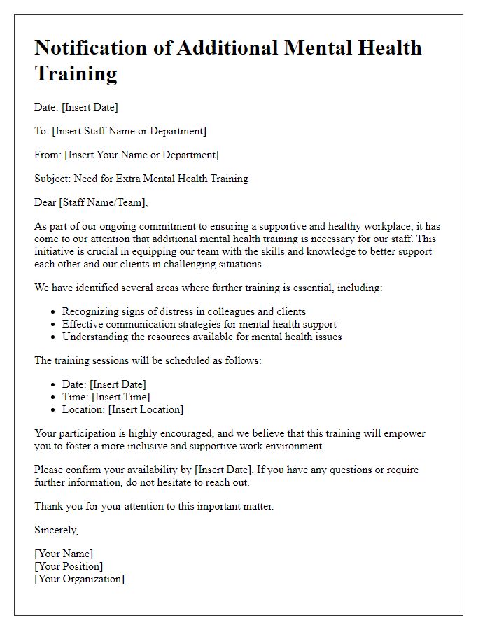 Letter template of notification for need of extra mental health training for staff