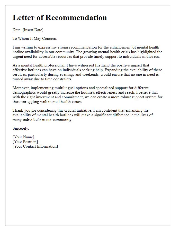 Letter template of recommendation for improving mental health hotline availability