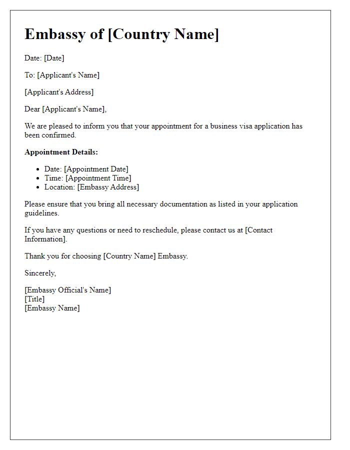 Letter template of embassy business visa appointment confirmation