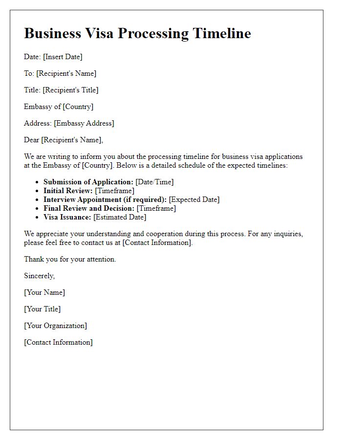 Letter template of embassy business visa processing timeline