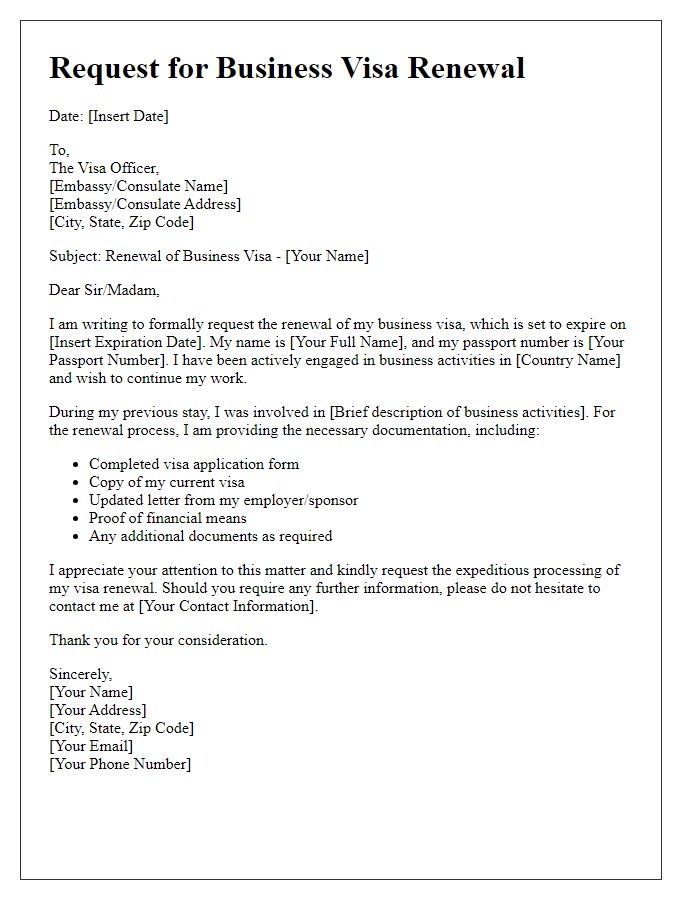 Letter template of embassy business visa renewal request