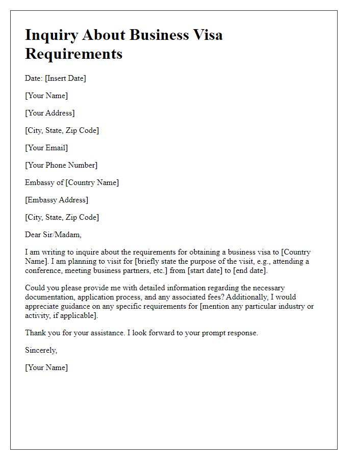 Letter template of embassy business visa requirements inquiry