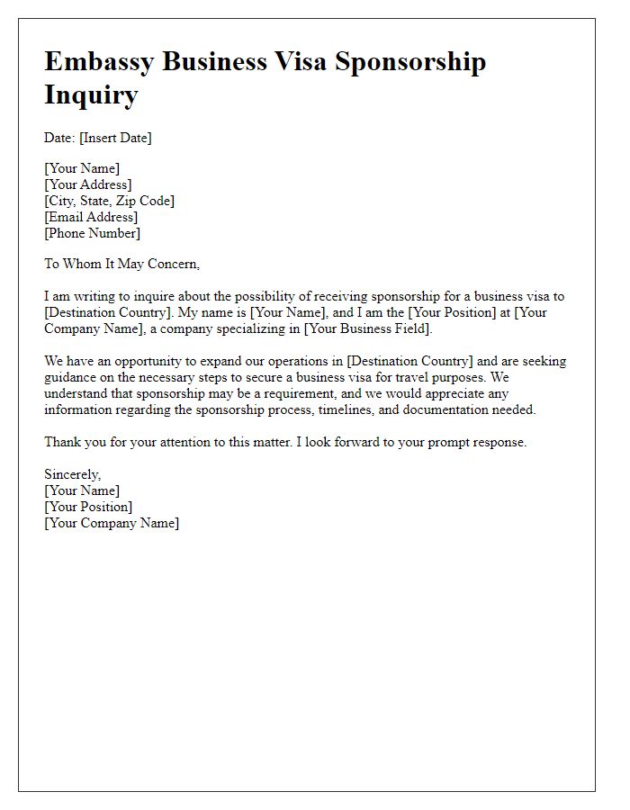 Letter template of embassy business visa sponsorship inquiry