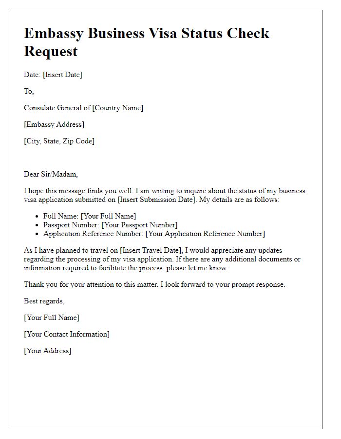 Letter template of embassy business visa status check