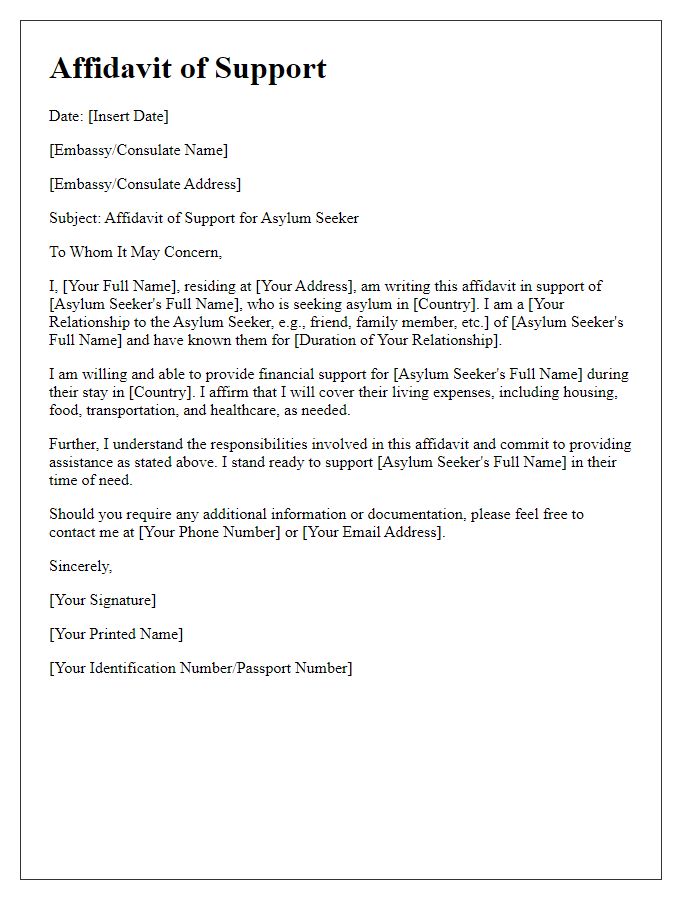 Letter template of embassy affidavit of support for asylum seekers.