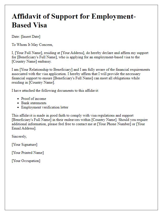 Letter template of embassy affidavit of support for employment-based visa.