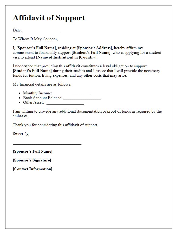 Letter template of embassy affidavit of support for student visa.