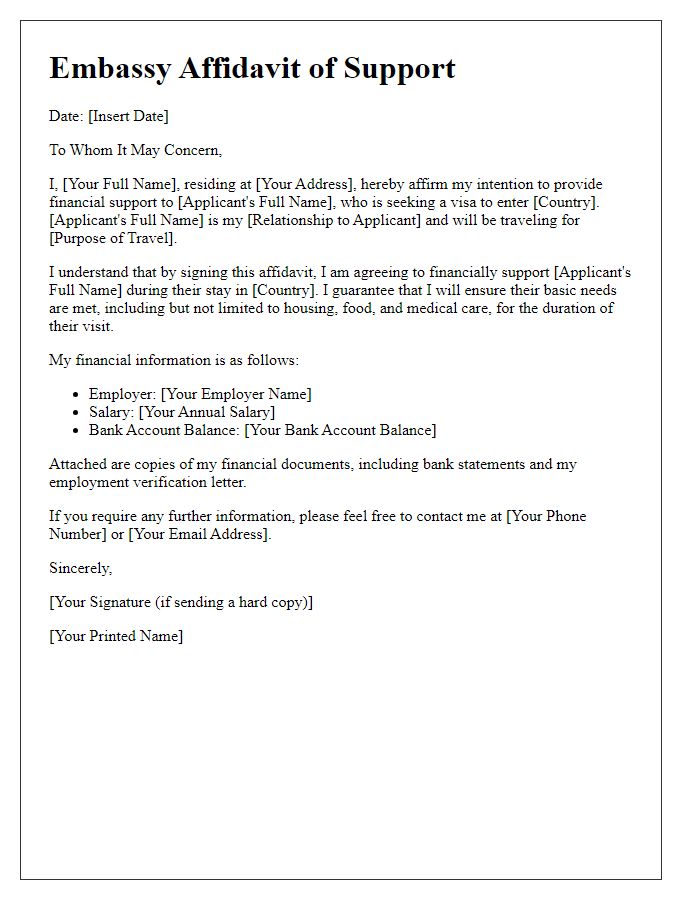 Letter template of embassy affidavit of support for visa application.